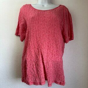 J Jill Stretch top shirt women L pink crinkle fabric short sleeve BARBIEcore‎